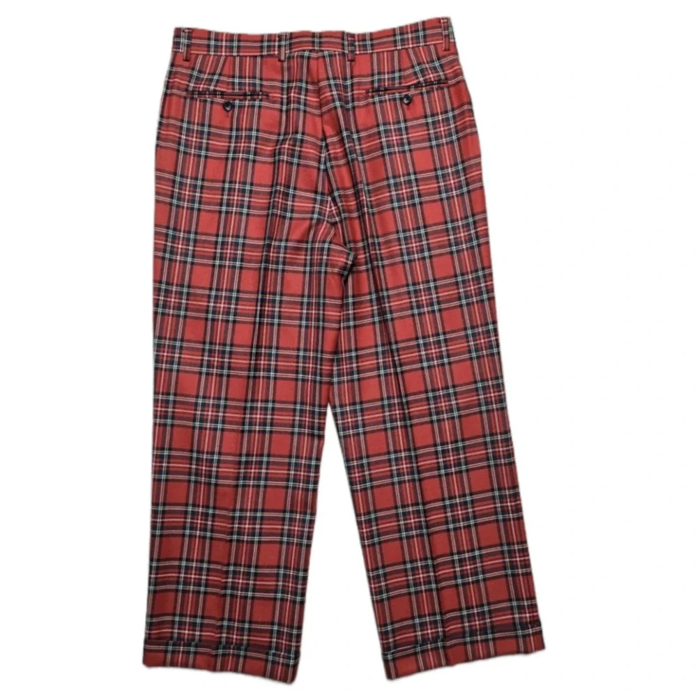 Paul Fredrick Vintage Red Tartan Plaid Wool Pants 35x32 Pleated Cuffed 80s